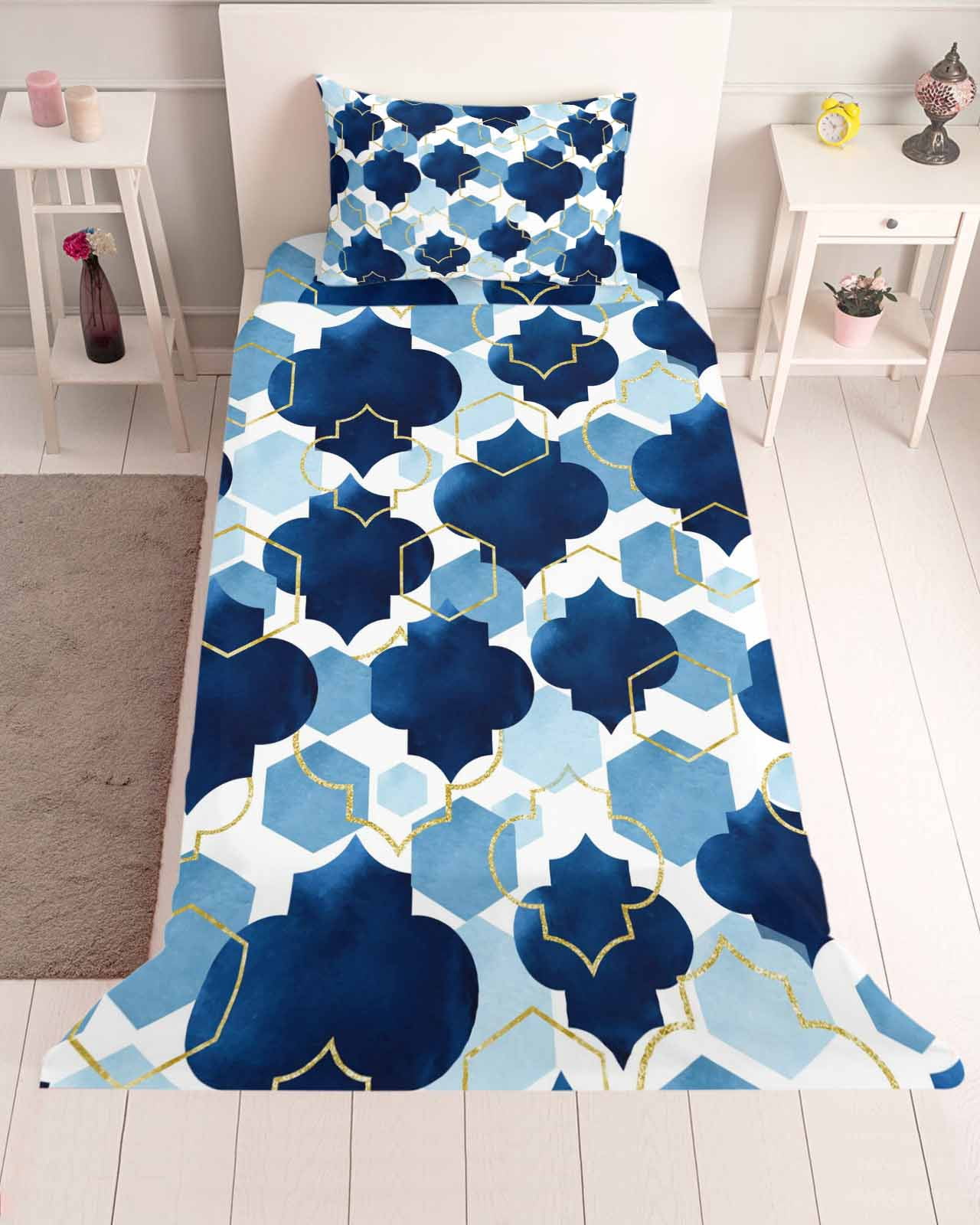 3 Piece Twin Sheet Set Navy Blue Geometric Moroccan Sheets Set for Twin ...