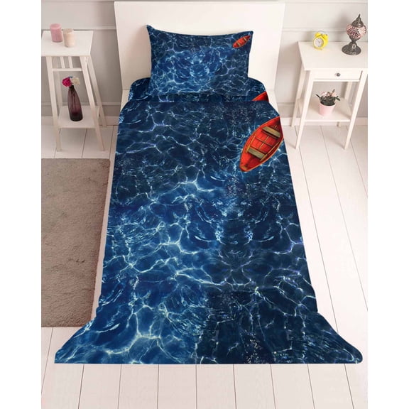3 Piece Twin Sheet Set Navy Blue Ocean Waves Sheets Set for Twin Size Bed, Breathable Soft Microfiber Bed Sheets Cooling Red Boat Coastal Fitted Sheet Deep Pocket, Pillowcases