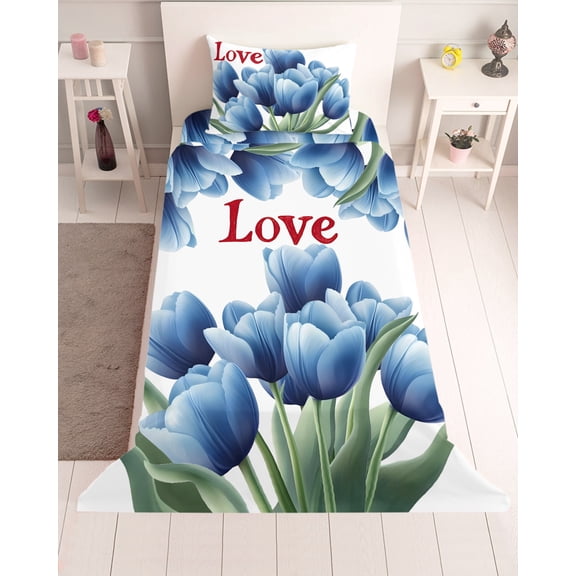 3 Piece Twin Sheet Set Navy Blue Tulip Sheets Set for Twin Size Bed, Breathable Soft Microfiber Bed Sheets Cooling Luxury Farmhouse Botanical Flowers Fitted Sheet Deep Pocket, Pillowcases