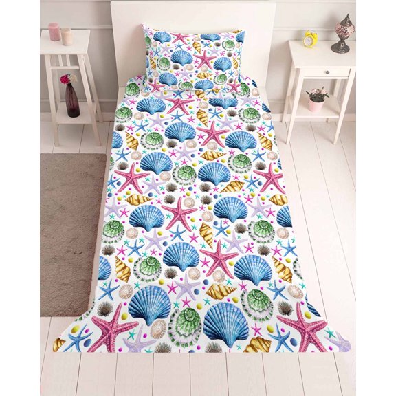 3 Piece Twin Sheet Set Ocean Blue Shell Sheets Set for Twin Size Bed, Breathable Soft Microfiber Bed Sheets Cooling Multi Coastal Starfish Sea Conch Fitted Sheet Deep Pocket, Pillowcases