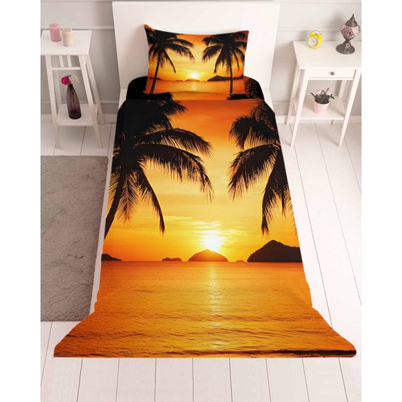 3 Piece Twin Sheet Set Ocean Coconut Sheets Set for Twin Size Bed, Breathable Soft Microfiber Bed Sheets Cooling Orange Summer Sunset Seaside Scenery Fitted Sheet Deep Pocket, Pillowcases