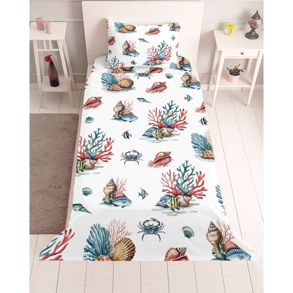 3 Piece Twin Sheet Set Ocean Coral Sheets Set for Twin Size Bed, Breathable Soft Microfiber Bed Sheets Cooling Coastal Conch Vintage Shell Fish Middle Century Fitted Sheet Deep Pocket, Pillowcases