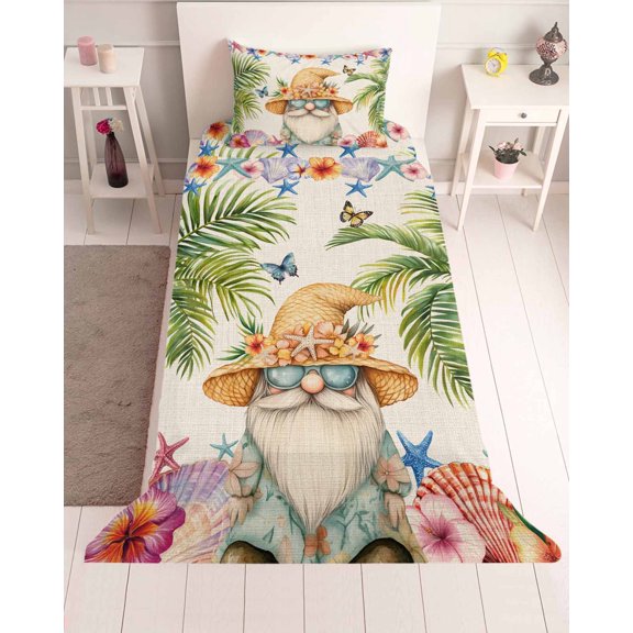 3 Piece Twin Sheet Set Ocean Gnomes Sheets Set for Twin Size Bed, Breathable Soft Microfiber Bed Sheets Cooling Coastal Shell Palm Leaf Shell Starfish Fitted Sheet Deep Pocket, Pillowcases