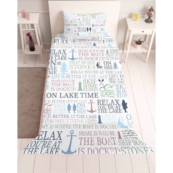 3 Piece Twin Sheet Set Ocean Nautical Sheets Set for Twin Size Bed, Breathable Soft Microfiber Bed Sheets Cooling Rustic Anchors Fish Oars Lighthouses Fitted Sheet Deep Pocket, Pillowcases