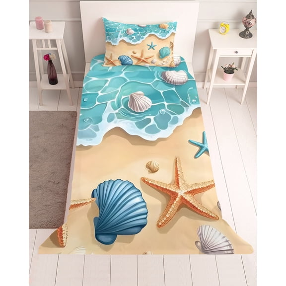 3 Piece Twin Sheet Set Ocean Starfish Sheets Set for Twin Size Bed, Breathable Soft Microfiber Bed Sheets Cooling Coastal Seaside Shell Modern Beach Fitted Sheet Deep Pocket, Pillowcases