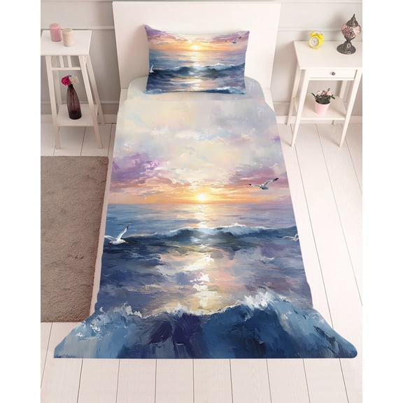 3 Piece Twin Sheet Set Ocean Sunset Sheets Set for Twin Size Bed, Breathable Soft Microfiber Bed Sheets Cooling Seagull Modern Abstract Oil Painting Fitted Sheet Deep Pocket, Pillowcases