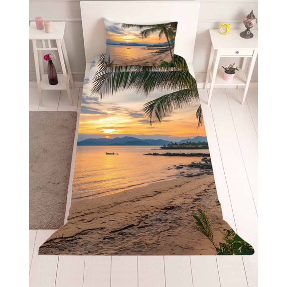 3 Piece Twin Sheet Set Ocean Sunset Sheets Set for Twin Size Bed, Breathable Soft Microfiber Bed Sheets Cooling Summer Palm Tree Shore Sand Mountain Fitted Sheet Deep Pocket, Pillowcases