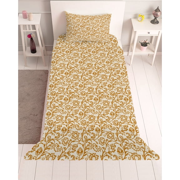 3 Piece Twin Sheet Set Orange Floral Sheets Set for Twin Size Bed, Breathable Soft Microfiber Bed Sheets Cooling Vintage Art Flowers Pattern Flower Fitted Sheet Deep Pocket, Pillowcases