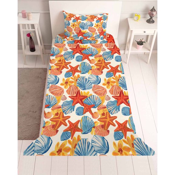 3 Piece Twin Sheet Set Orange Flower Retro Sheets Set for Twin Size Bed, Breathable Soft Microfiber Bed Sheets Cooling Summer Blue Conch Ocean Coastal Fitted Sheet Deep Pocket, Pillowcases