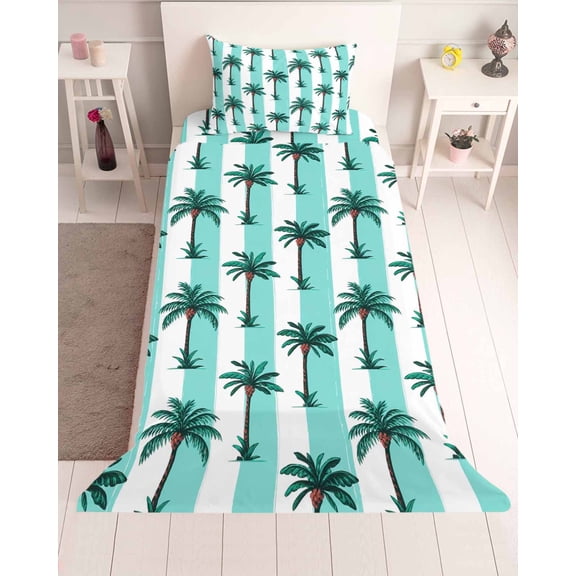 3 Piece Twin Sheet Set Palm Tree Striped Sheets Set for Twin Size Bed, Breathable Soft Microfiber Bed Sheets Cooling Summer Tropical Plant Turquoise Lines Fitted Sheet Deep Pocket, Pillowcases