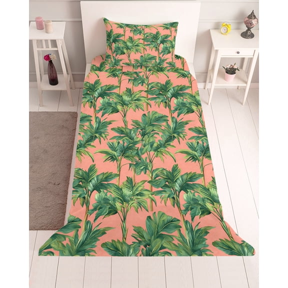 3 Piece Twin Sheet Set Palm Tree Tropical Sheets Set for Twin Size Bed, Breathable Soft Microfiber Bed Sheets Cooling Pink Summer Botanical Leaves Fitted Sheet Deep Pocket, Pillowcases