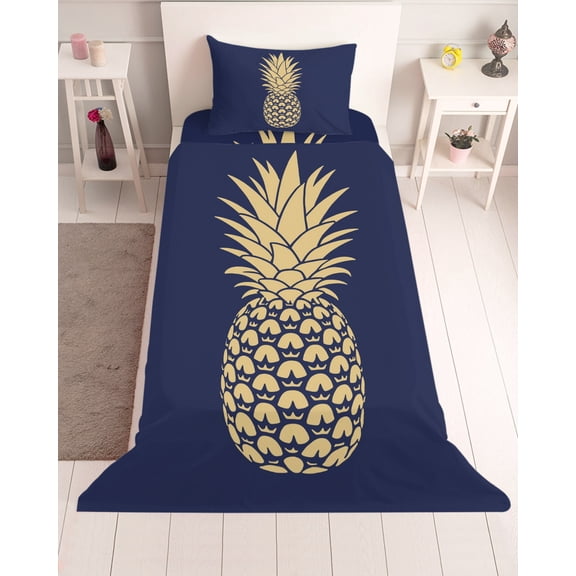 3 Piece Twin Sheet Set Pineapple Sheets Set for Twin Size Bed, Breathable Soft Microfiber Bed Sheets Cooling Gold Yellow Navy Blue Tropical Fruit Summer Fitted Sheet Deep Pocket, Pillowcases