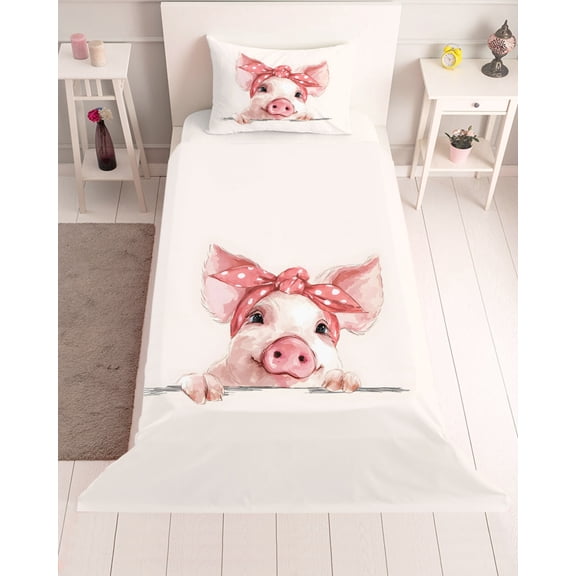 3 Piece Twin Sheet Set Pink Pig Sheets Set for Twin Size Bed, Breathable Soft Microfiber Bed Sheets Cooling Cartoon Watercolor Animals Printed Bows Fitted Sheet Deep Pocket, Pillowcases