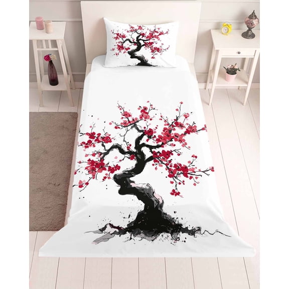 3 Piece Twin Sheet Set Plum Tree Branches Sheets Set for Twin Size Bed, Breathable Soft Microfiber Bed Sheets Cooling Spring Chinese Traditional Ink Painting Fitted Sheet Deep Pocket, Pillowcases