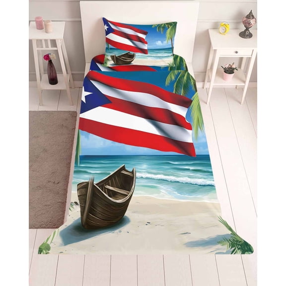 3 Piece Twin Sheet Set Puerto Rico Flag Sea Sheets Set for Twin Size Bed, Breathable Soft Microfiber Bed Sheets Cooling Beach Palm Trees Boat Nautical Fitted Sheet Deep Pocket, Pillowcases