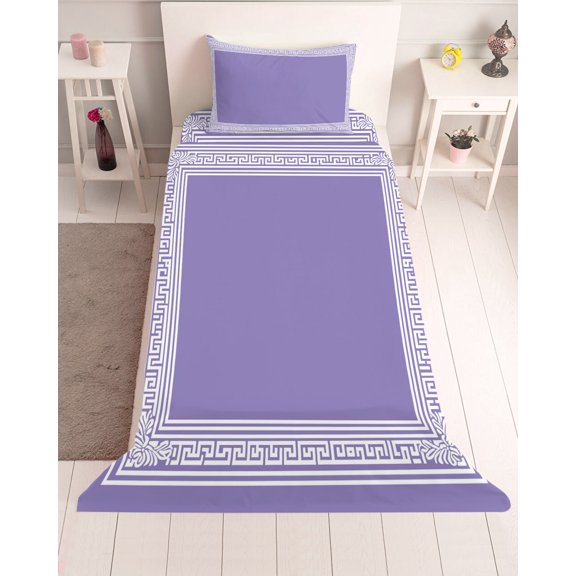3 Piece Twin Sheet Set Purple Greek Key Sheets Set for Twin Size Bed, Breathable Soft Microfiber Bed Sheets Cooling Geometric Greece Ancient Farmhouse Geo Fitted Sheet Deep Pocket, Pillowcases