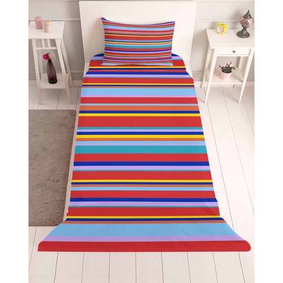3 Piece Twin Sheet Set Rainbow Striped Sheets Set for Twin Size Bed, Breathable Soft Microfiber Bed Sheets Cooling Red Blue Yellow Geometric Abstract Fitted Sheet Deep Pocket, Pillowcases