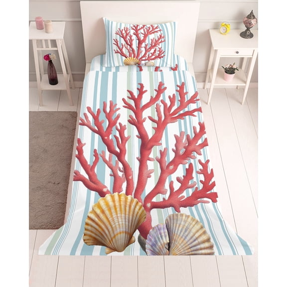 3 Piece Twin Sheet Set Red Coral Sheets Set for Twin Size Bed, Breathable Soft Microfiber Bed Sheets Cooling Coastal Shell Summer Beach Stripe Nautical Fitted Sheet Deep Pocket, Pillowcases