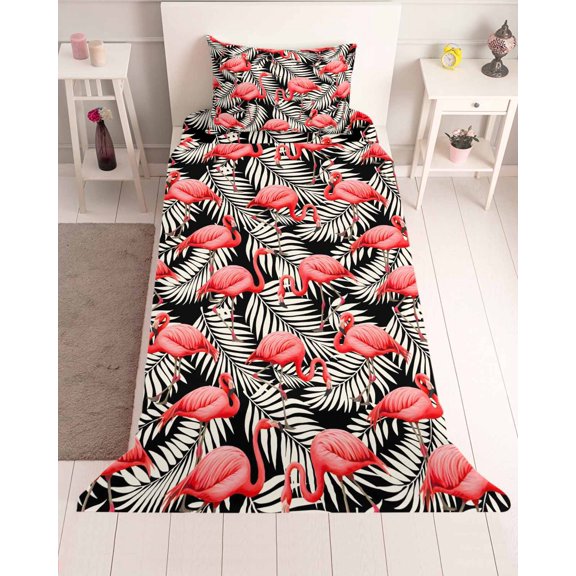 3 Piece Twin Sheet Set Red Flamingo Sheets Set for Twin Size Bed, Breathable Soft Microfiber Bed Sheets Cooling Summer Tropical Plants Leaves Botanical Black Fitted Sheet Deep Pocket, Pillowcases