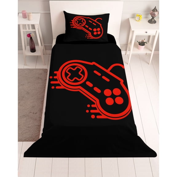 3 Piece Twin Sheet Set Red Game Controller Sheets Set for Twin Size Bed, Breathable Soft Microfiber Bed Sheets Cooling Modern Art Gaming Handheld Black Fitted Sheet Deep Pocket, Pillowcases