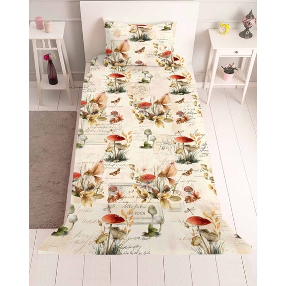 3 Piece Twin Sheet Set Red Mushrooms Sheets Set for Twin Size Bed, Breathable Soft Microfiber Bed Sheets Cooling Elegant Pastoral Botanical Vintage Art Fitted Sheet Deep Pocket, Pillowcases