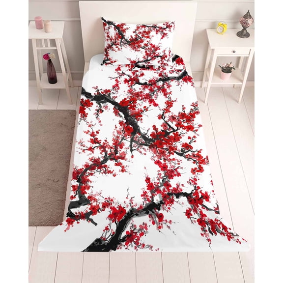 3 Piece Twin Sheet Set Red Plum Sheets Set for Twin Size Bed, Breathable Soft Microfiber Bed Sheets Cooling Nature Flowers Branches Chinese Painting Fitted Sheet Deep Pocket, Pillowcases