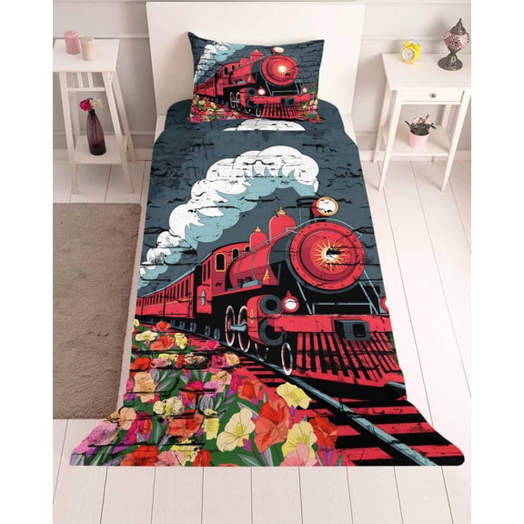 3 Piece Twin Sheet Set Red Trains Sheets Set for Twin Size Bed, Breathable Soft Microfiber Bed Sheets Cooling Shabby Chic Cartoon Retro Flowers Artwork Fitted Sheet Deep Pocket, Pillowcases