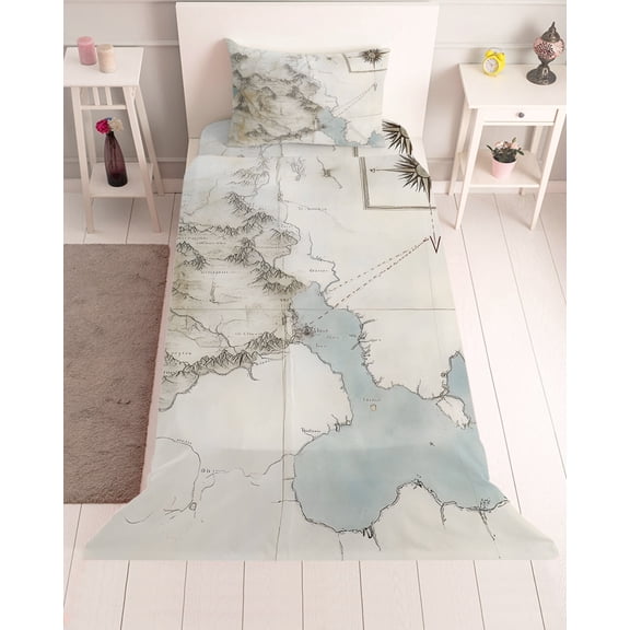 3 Piece Twin Sheet Set Retro Map Sheets Set for Twin Size Bed, Breathable Soft Microfiber Bed Sheets Cooling Middle Century Rustic Mountain Ocean Landscape Fitted Sheet Deep Pocket, Pillowcases