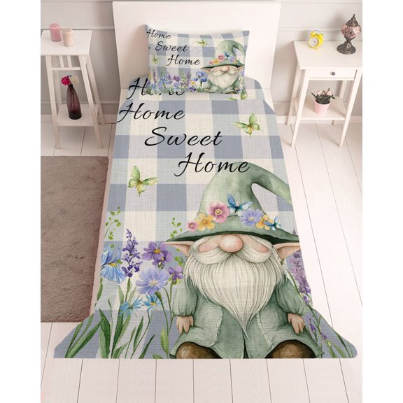 3 Piece Twin Sheet Set Rustic Gnome Sheets Set for Twin Size Bed, Breathable Soft Microfiber Bed Sheets Cooling Spring Flowers Butterfly Purple Check Fitted Sheet Deep Pocket, Pillowcases