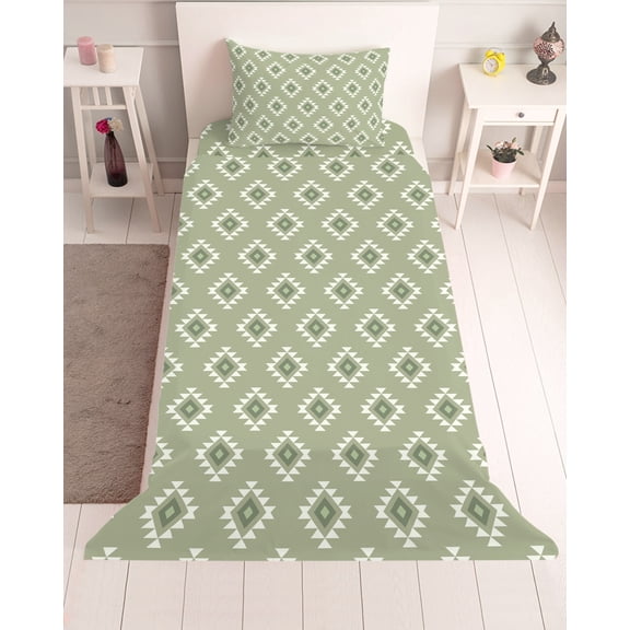 3 Piece Twin Sheet Set Sage Green Boho Geometric Sheets Set for Twin Size Bed, Breathable Soft Microfiber Bed Sheets Cooling Country Abstract Pattern Fitted Sheet Deep Pocket, Pillowcases