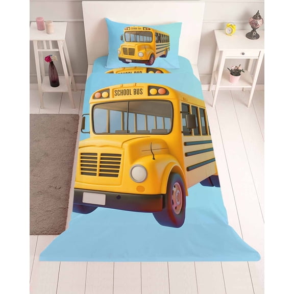 3 Piece Twin Sheet Set School Bus Sheets Set for Twin Size Bed, Breathable Soft Microfiber Bed Sheets Cooling Cartoon Funny Yellow Transportation Truck Blue Fitted Sheet Deep Pocket, Pillowcases