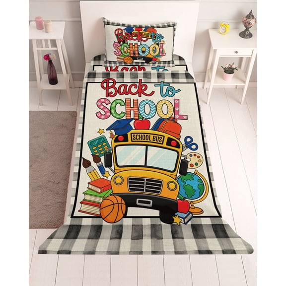 3 Piece Twin Sheet Set School Season Sheets Set for Twin Size Bed, Breathable Soft Microfiber Bed Sheets Cooling Bus Basketball Brush Black Buffalo Check Fitted Sheet Deep Pocket, Pillowcases