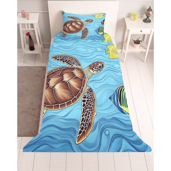 3 Piece Twin Sheet Set Sea Turtle Fish Sheets Set for Twin Size Bed, Breathable Soft Microfiber Bed Sheets Cooling Coastal Nautical Ocean Fitted Sheet Deep Pocket, Pillowcases