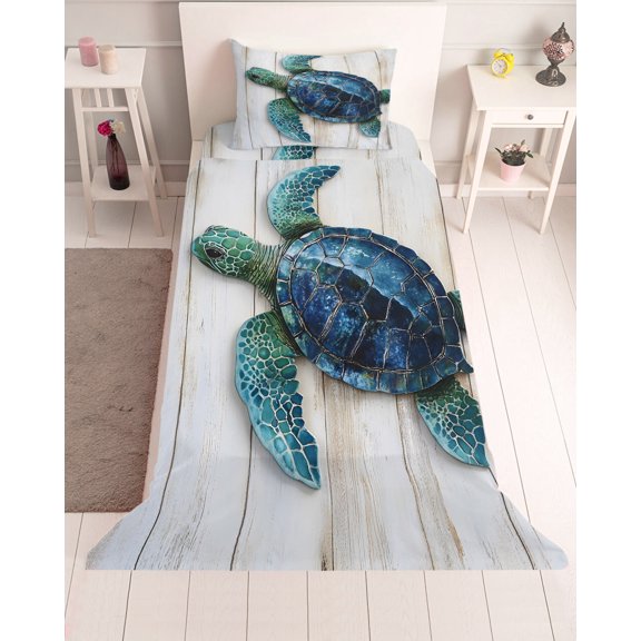 3 Piece Twin Sheet Set Sea Turtle Sheets Set for Twin Size Bed, Breathable Soft Microfiber Bed Sheets Cooling Coastal Summer Beach Vintage Wooden Fitted Sheet Deep Pocket, Pillowcases