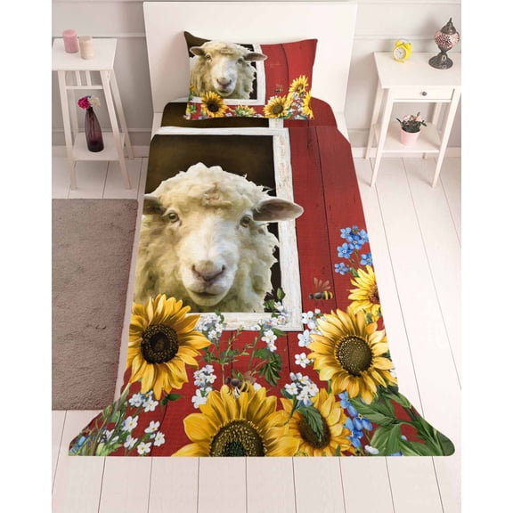 3 Piece Twin Sheet Set Sheep Flowers Sheets Set for Twin Size Bed, Breathable Soft Microfiber Bed Sheets Cooling Country Red Barn Botanical Sunflowers Fitted Sheet Deep Pocket, Pillowcases