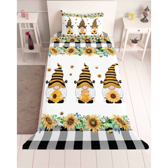 3 Piece Twin Sheet Set Spring Bee Gnomes Sheets Set for Twin Size Bed, Breathable Soft Microfiber Bed Sheets Cooling Sunflowers Black Checkered Fitted Sheet Deep Pocket, Pillowcases