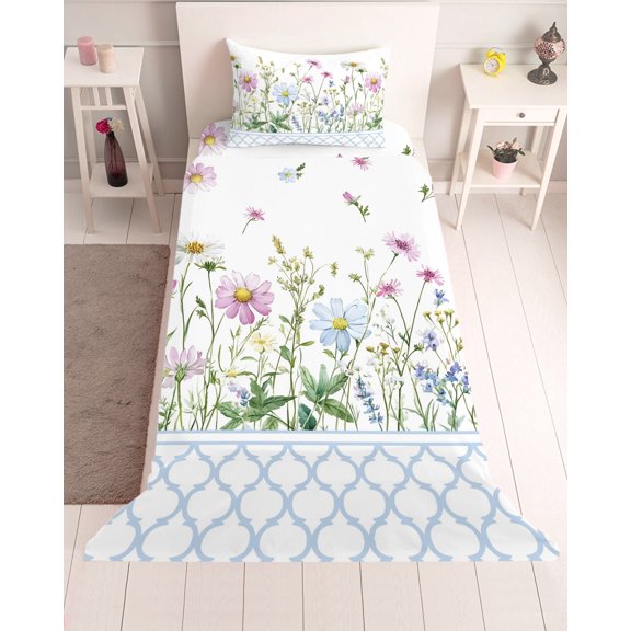 3 Piece Twin Sheet Set Spring Daisy Sheets Set for Twin Size Bed, Breathable Soft Microfiber Bed Sheets Cooling Blue Moroccan White Wildflowers Country Plants Fitted Sheet Deep Pocket, Pillowcases