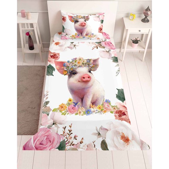 3 Piece Twin Sheet Set Spring Floral Pig Sheets Set for Twin Size Bed, Breathable Soft Microfiber Bed Sheets Cooling Elegant Pink Botanical Fitted Sheet Deep Pocket, Pillowcases