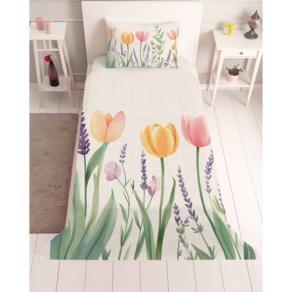 3 Piece Twin Sheet Set Spring Floral Sheets Set for Twin Size Bed, Breathable Soft Microfiber Bed Sheets Cooling Pink Yellow Tulip Botanical Summer Fitted Sheet Deep Pocket, Pillowcases