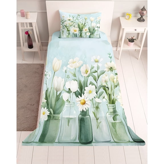 3 Piece Twin Sheet Set Spring Floral Sheets Set for Twin Size Bed, Breathable Soft Microfiber Bed Sheets Cooling Summer Daisy Tulip Flowers Vases Fitted Sheet Deep Pocket, Pillowcases