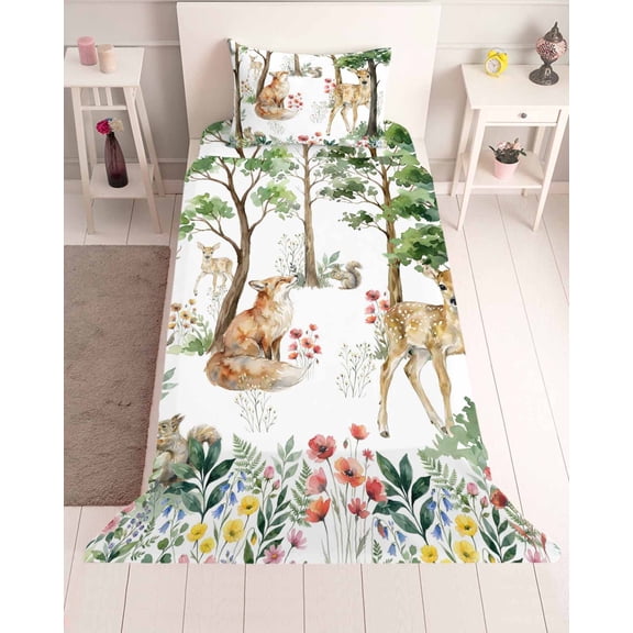 3 Piece Twin Sheet Set Spring Forest Animals Sheets Set for Twin Size Bed, Breathable Soft Microfiber Bed Sheets Cooling Floral Botanical Trees Fitted Sheet Deep Pocket, Pillowcases