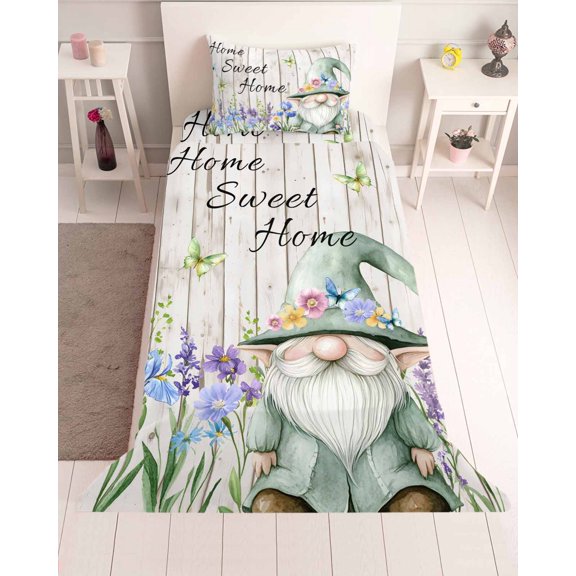 3 Piece Twin Sheet Set Spring Gnomes Sheets Set for Twin Size Bed, Breathable Soft Microfiber Bed Sheets Cooling Rustic Botanical Flowers Beige Wooden Fitted Sheet Deep Pocket, Pillowcases