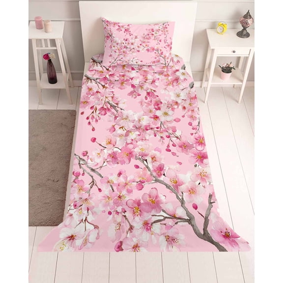 3 Piece Twin Sheet Set Spring Peaches Sheets Set for Twin Size Bed, Breathable Soft Microfiber Bed Sheets Cooling Botanical Blossom Flowers Branches Fitted Sheet Deep Pocket, Pillowcases