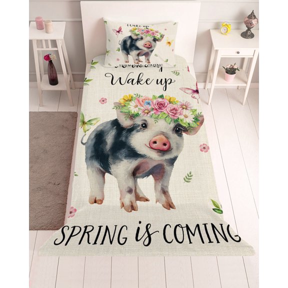 3 Piece Twin Sheet Set Spring Pig Sheets Set for Twin Size Bed, Breathable Soft Microfiber Bed Sheets Cooling Butterfly Botanical Floral Rustic Fitted Sheet Deep Pocket, Pillowcases