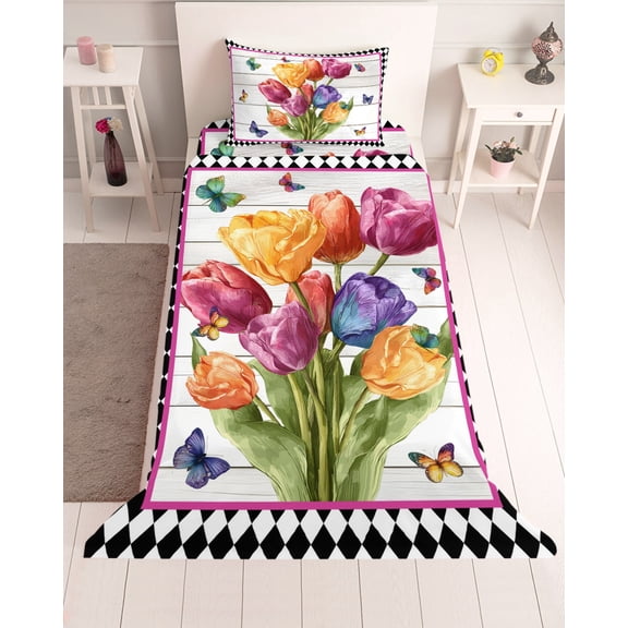 3 Piece Twin Sheet Set Spring Tulips Sheets Set for Twin Size Bed, Breathable Soft Microfiber Bed Sheets Cooling Colorful Flowers Botanical Butterfly Farm Wooden Fitted Sheet Deep Pocket, Pillowcases