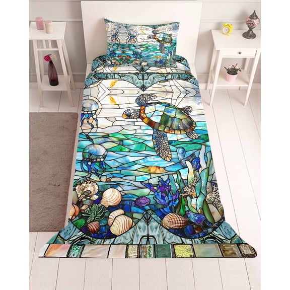 3 Piece Twin Sheet Set Stained Glass Sea Turtle Sheets Set for Twin Size Bed, Breathable Soft Microfiber Bed Sheets Cooling Summer Coastal Ocean Jellyfish Fitted Sheet Deep Pocket, Pillowcases