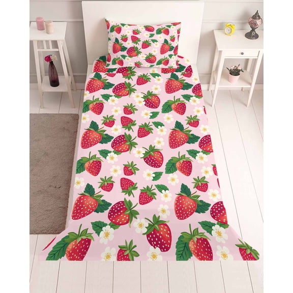 3 Piece Twin Sheet Set Strawberry Rustic Sheets Set for Twin Size Bed, Breathable Soft Microfiber Bed Sheets Cooling Pink Spring Summer Floral Fruit Fitted Sheet Deep Pocket, Pillowcases