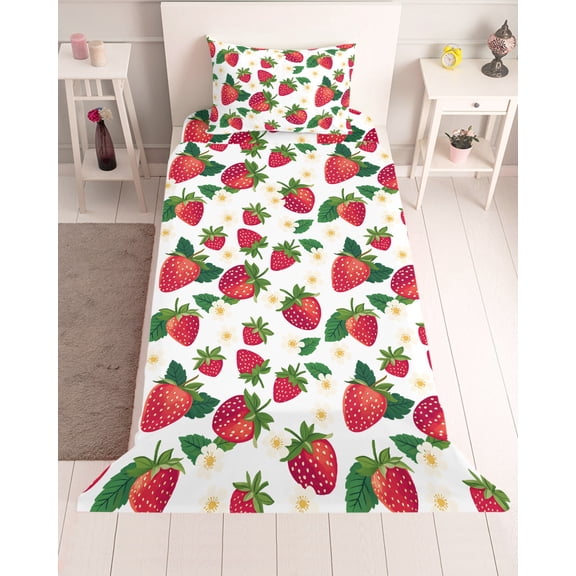 3 Piece Twin Sheet Set Strawberry Rustic Sheets Set for Twin Size Bed, Breathable Soft Microfiber Bed Sheets Cooling Spring Summer Floral Fruit Fitted Sheet Deep Pocket, Pillowcases