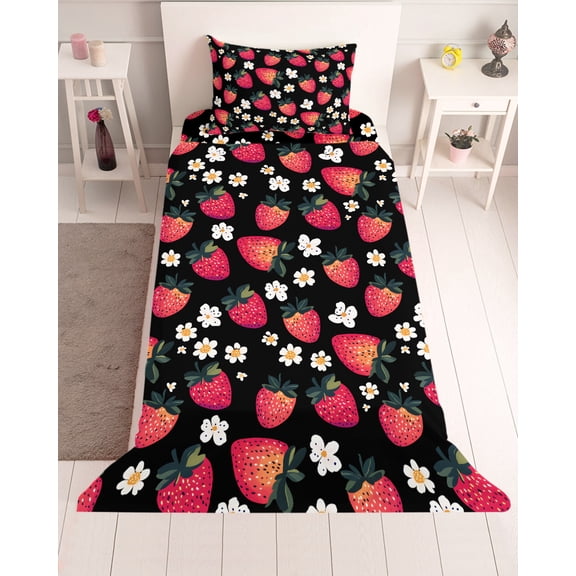 3 Piece Twin Sheet Set Strawberry Sheets Set for Twin Size Bed, Breathable Soft Microfiber Bed Sheets Cooling Black Spring Summer Rustic Floral Fruit Fitted Sheet Deep Pocket, Pillowcases
