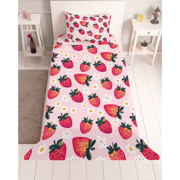 3 Piece Twin Sheet Set Strawberry Sheets Set for Twin Size Bed, Breathable Soft Microfiber Bed Sheets Cooling Pink Spring Summer Rustic Floral Fruit Fitted Sheet Deep Pocket, Pillowcases
